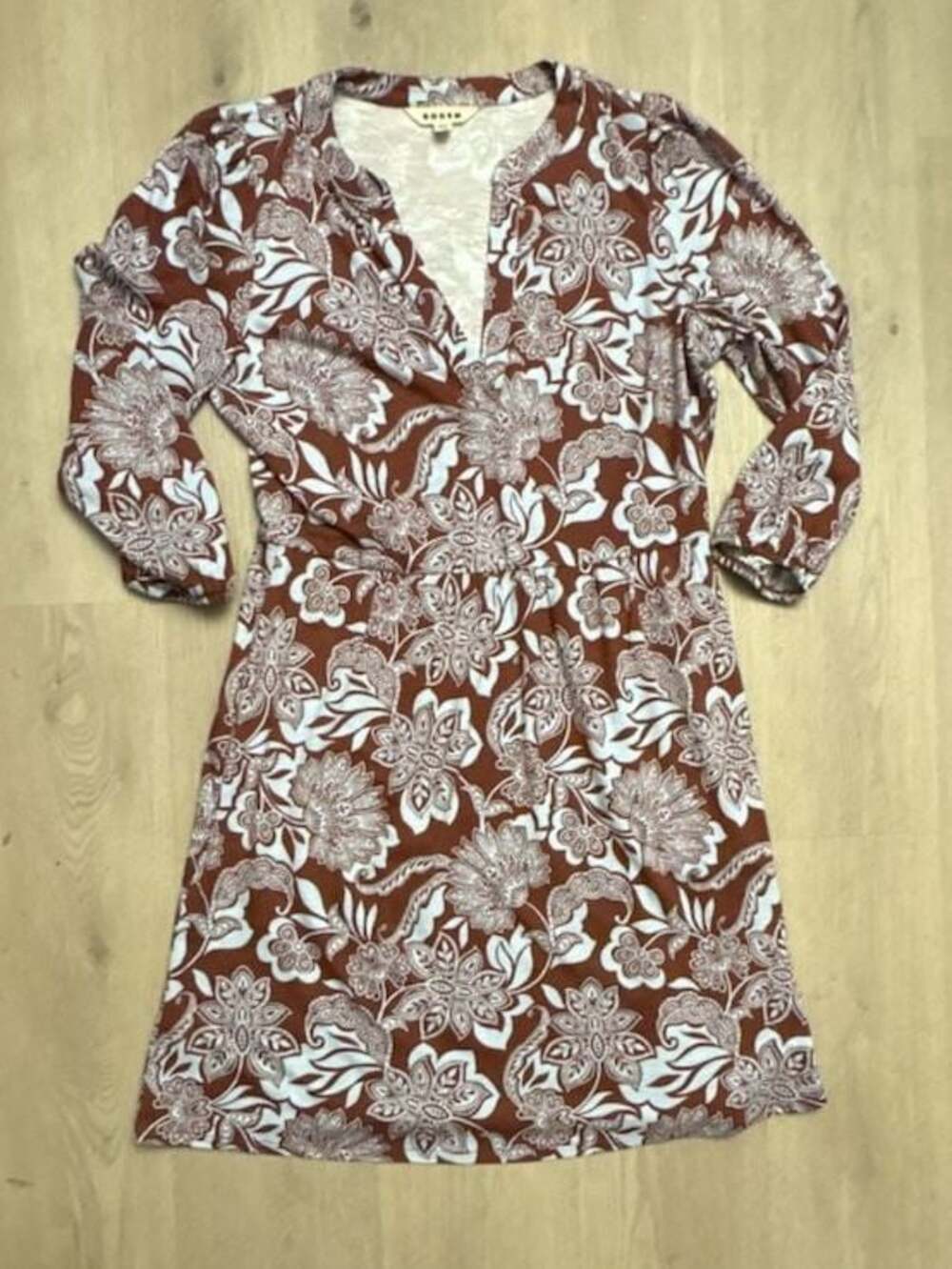 Boden Brown and White Floral Print Long Sleeve Midi Dress